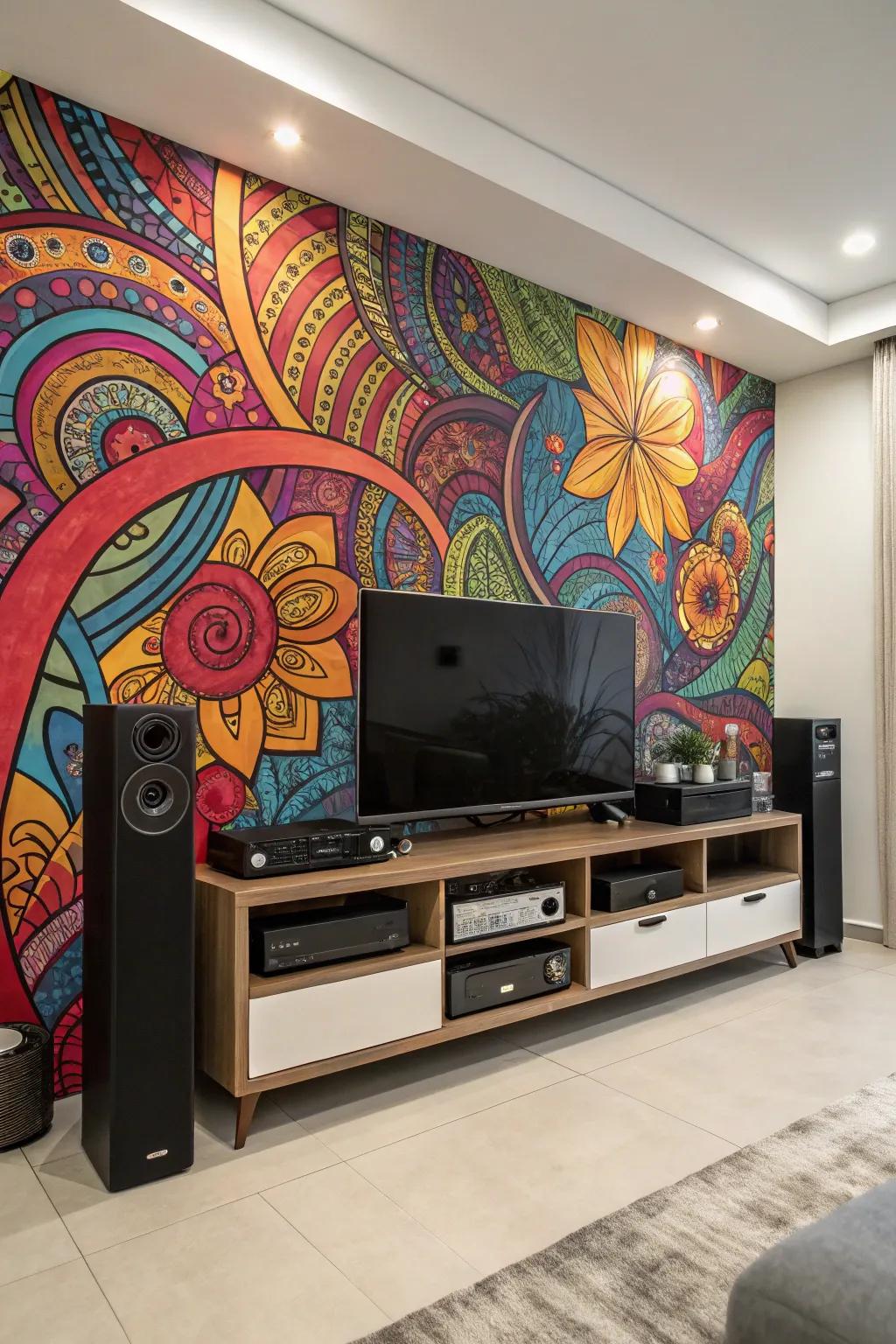 A grand art piece that serves as a dramatic backdrop for this media center.