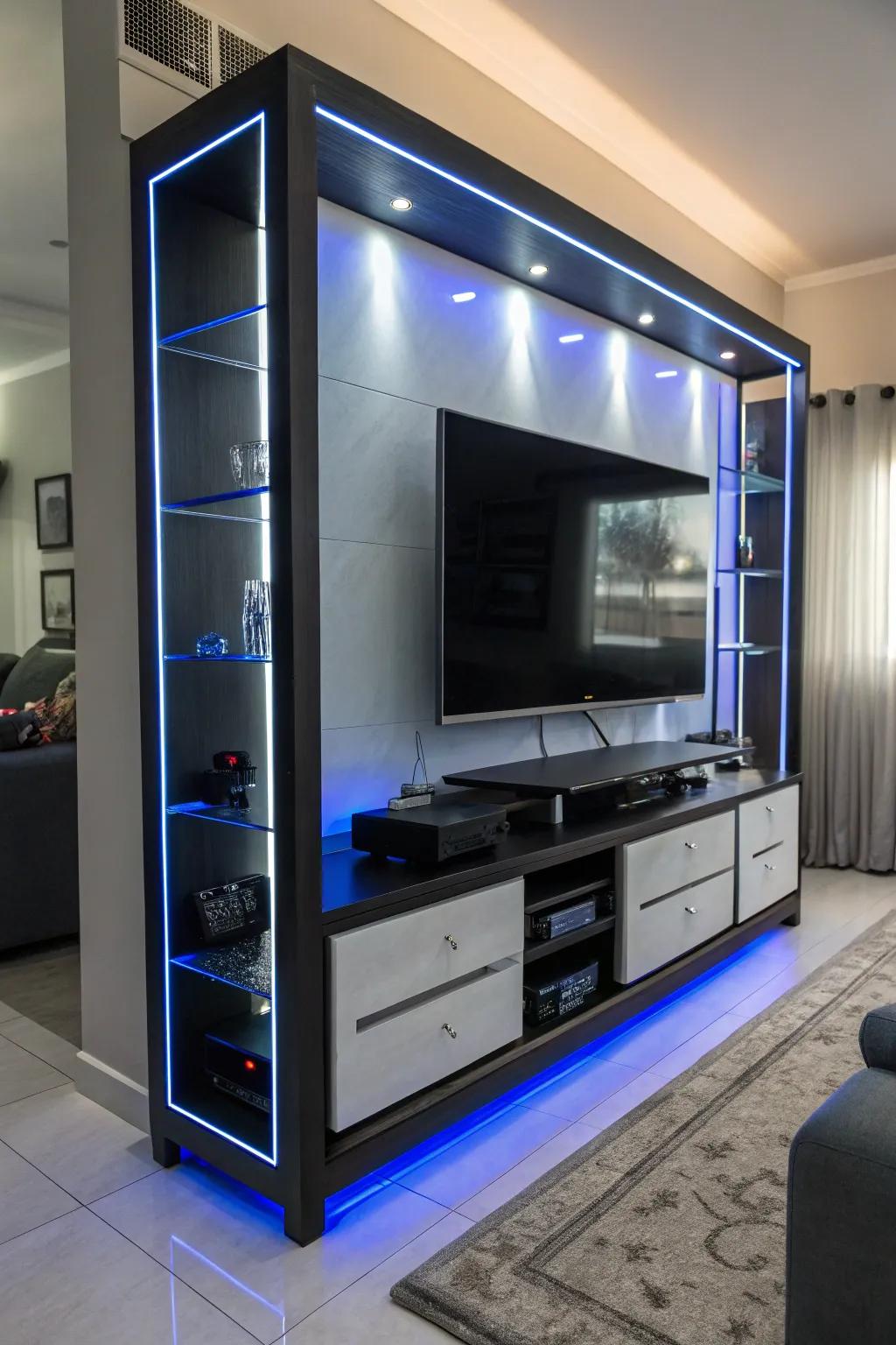 An entertainment center illuminated using fashionable illumination.