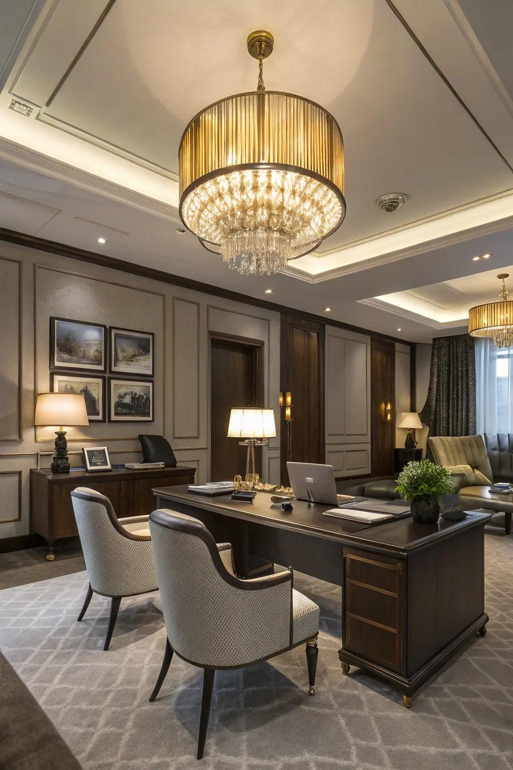 Elegant lighting enhances the office's atmosphere.