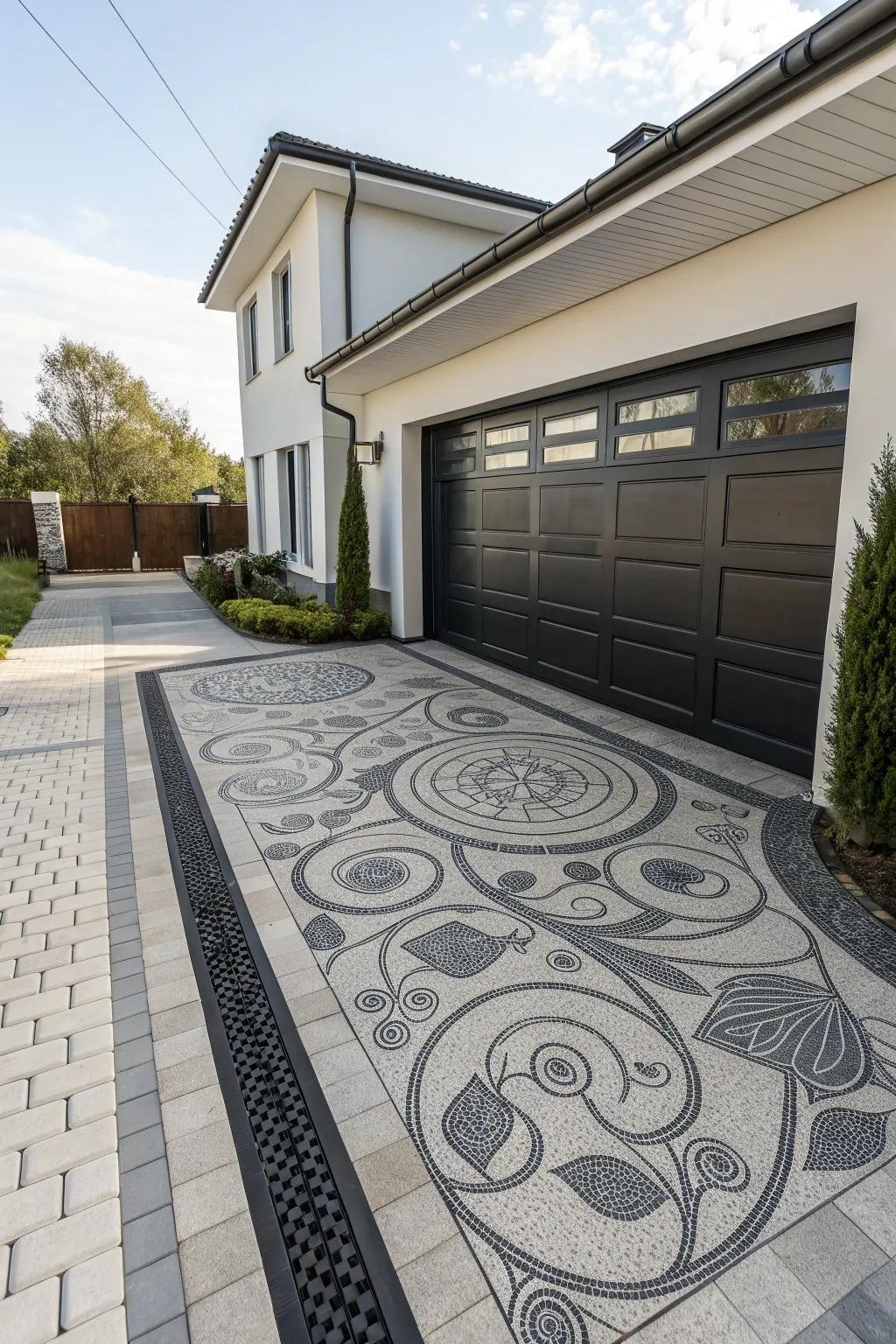 A modern garage with a decorative driveway.
