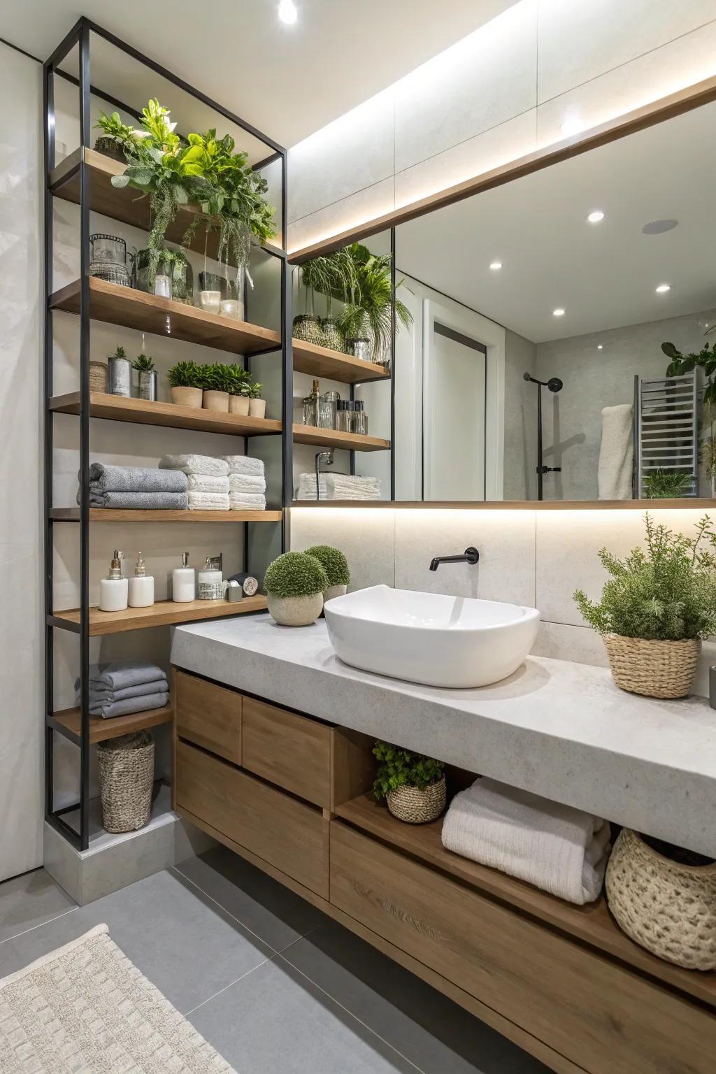 Artificial plants bring a refreshing vibe to the bathroom.