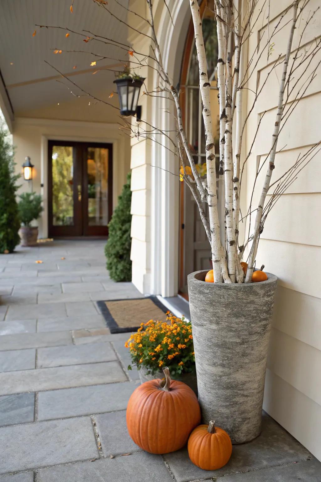 Birch branches add elegance and height to pumpkin planters.