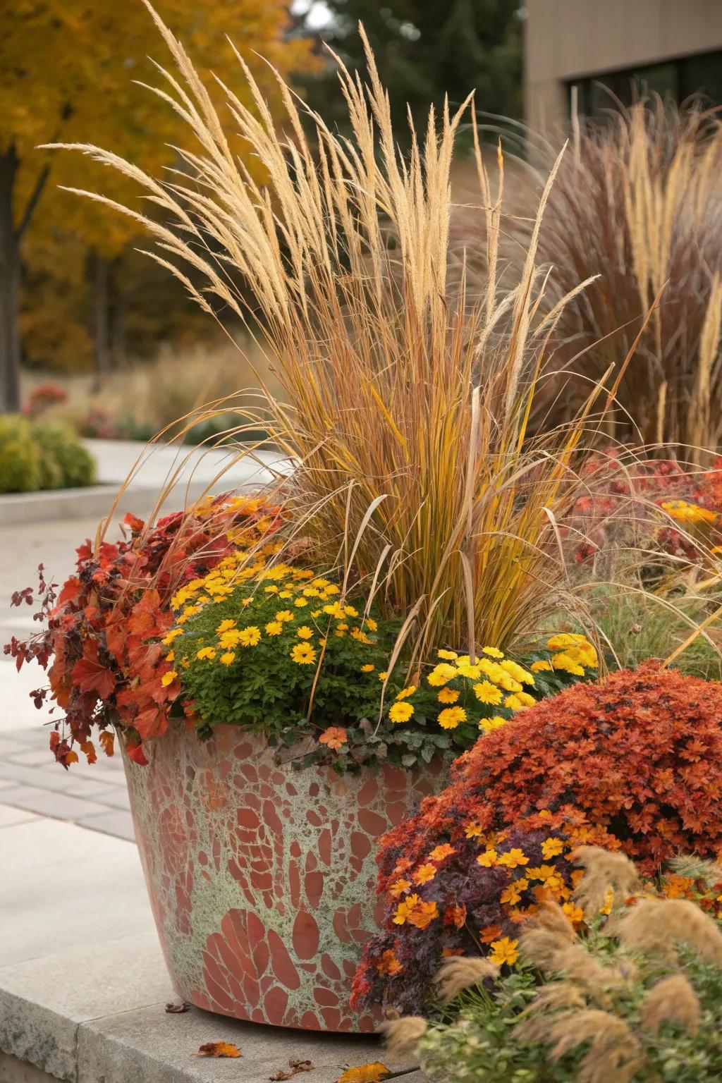 Layered heights create a balanced fall planter.