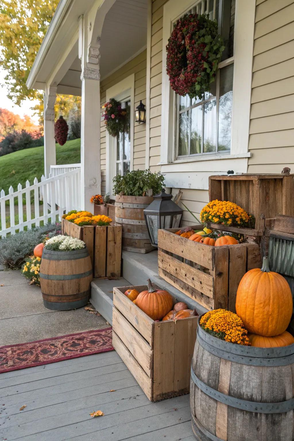 Timber components yield a rustic impression, perfect for highlighting fall decorations.