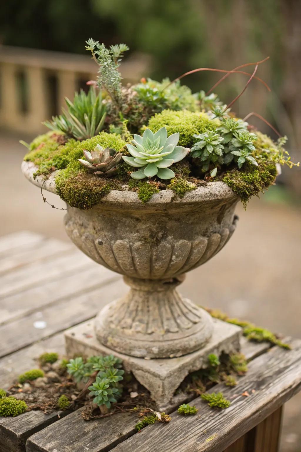 Unconventional mix of fleshy plants and moss in an autumn container.