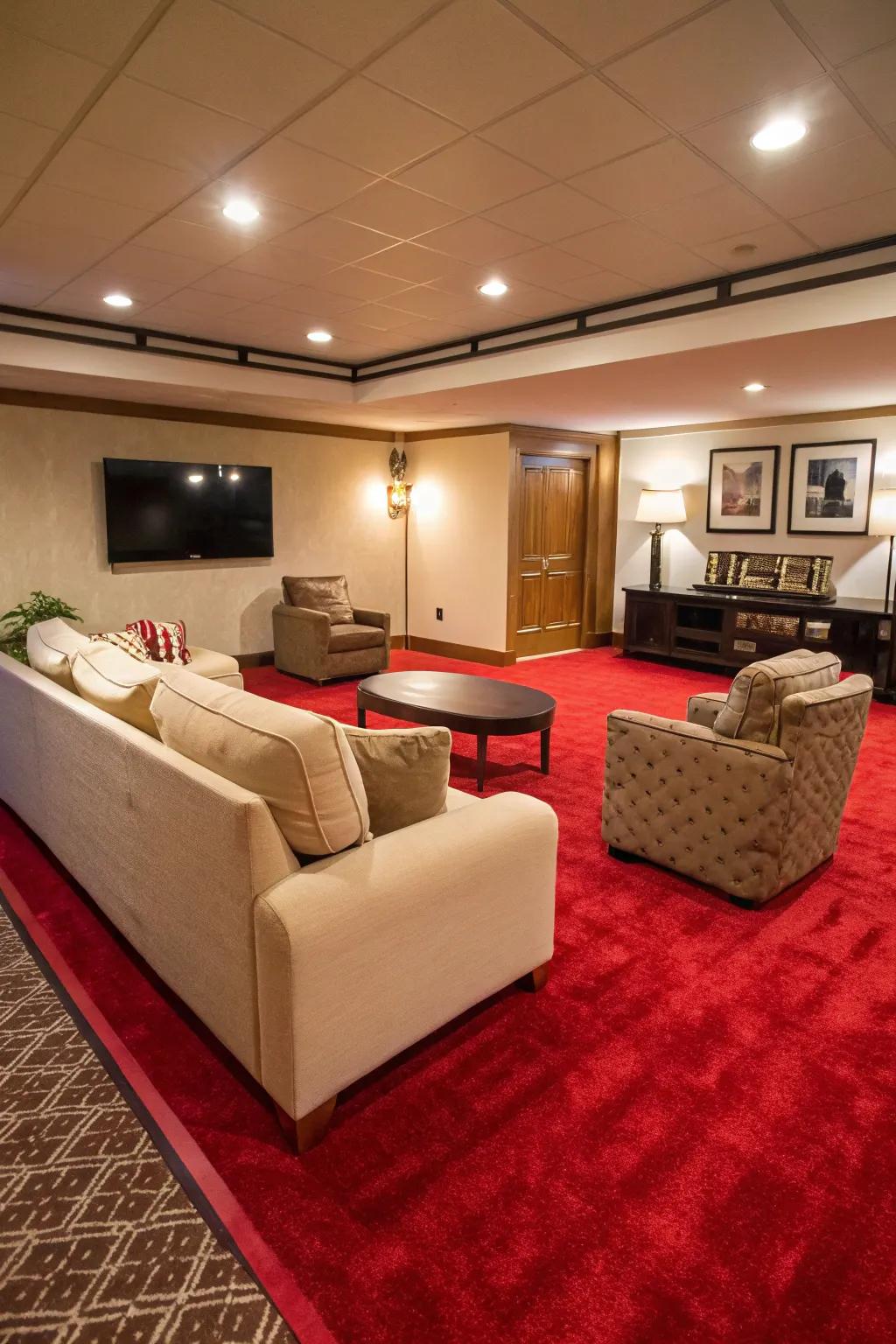 A bold carpet becomes the centerpiece of the room.