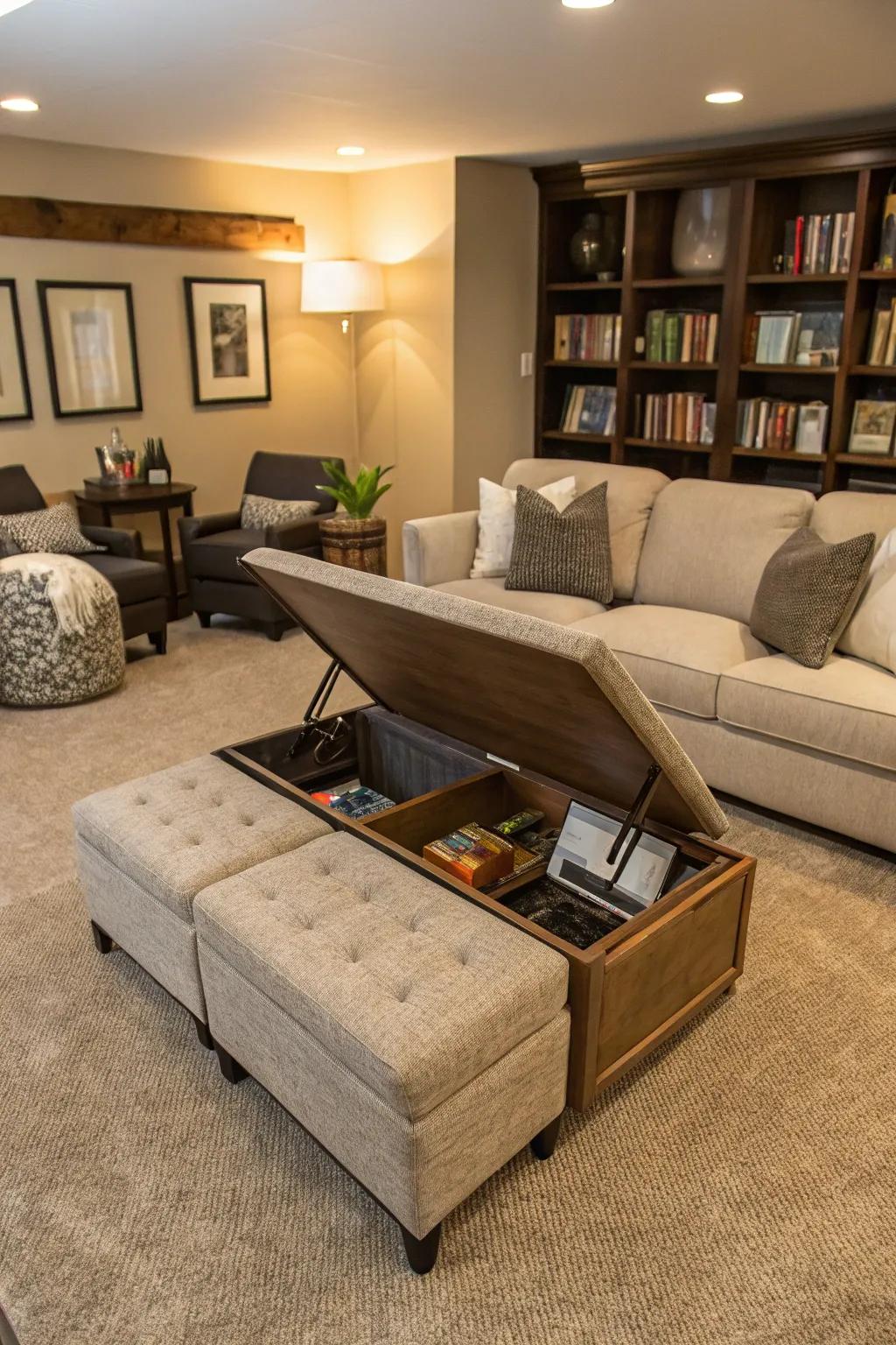 A family room showcasing versatile furniture that offers multiple uses.