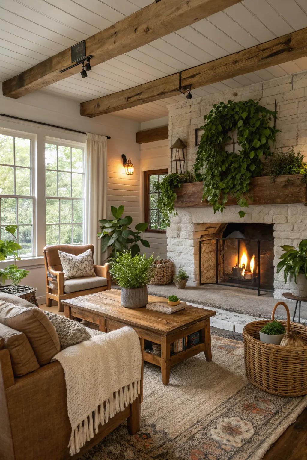 Natural plant life introduces vibrancy and vitality to this farmhouse living space.