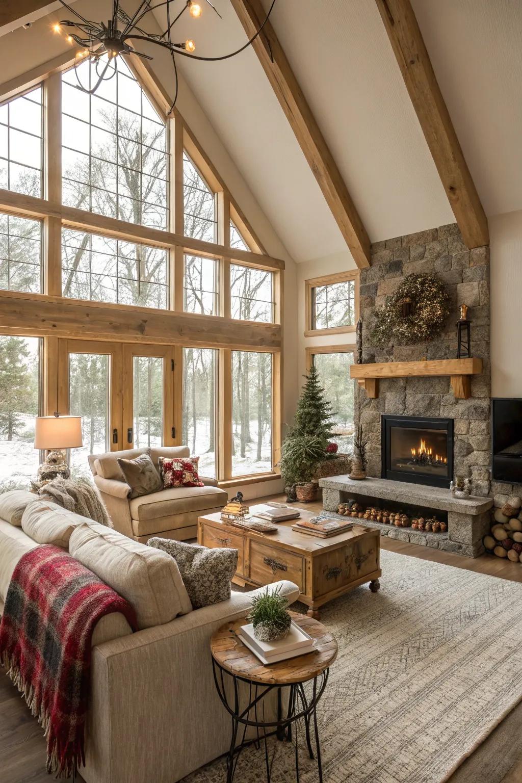 A bright living room with large windows and a vaulted ceiling.