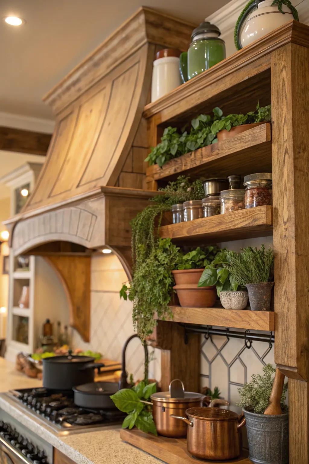 Built-in shelves on a range hood offer supplementary space.