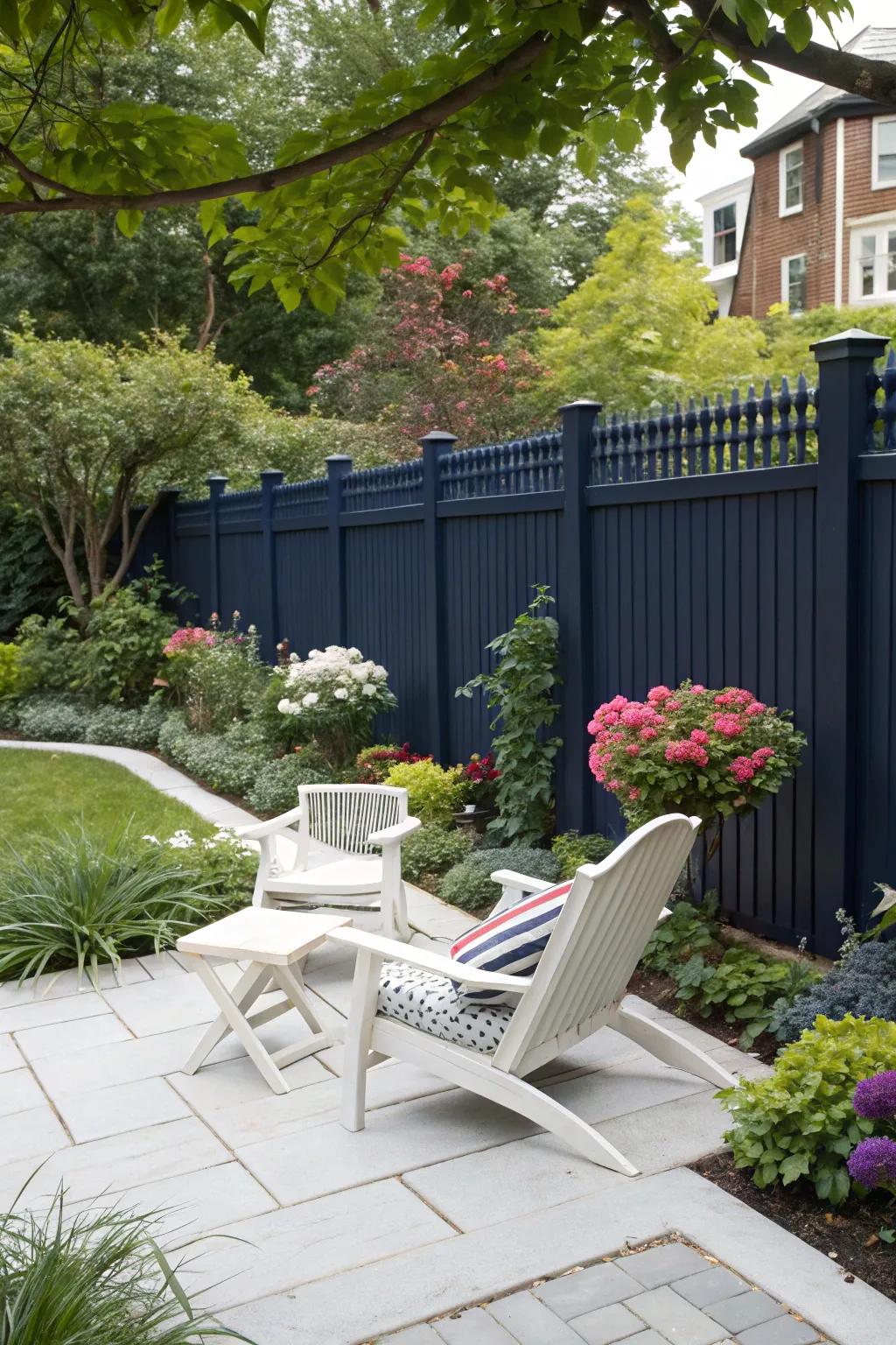 Navy fences add depth and sophistication to garden spaces.