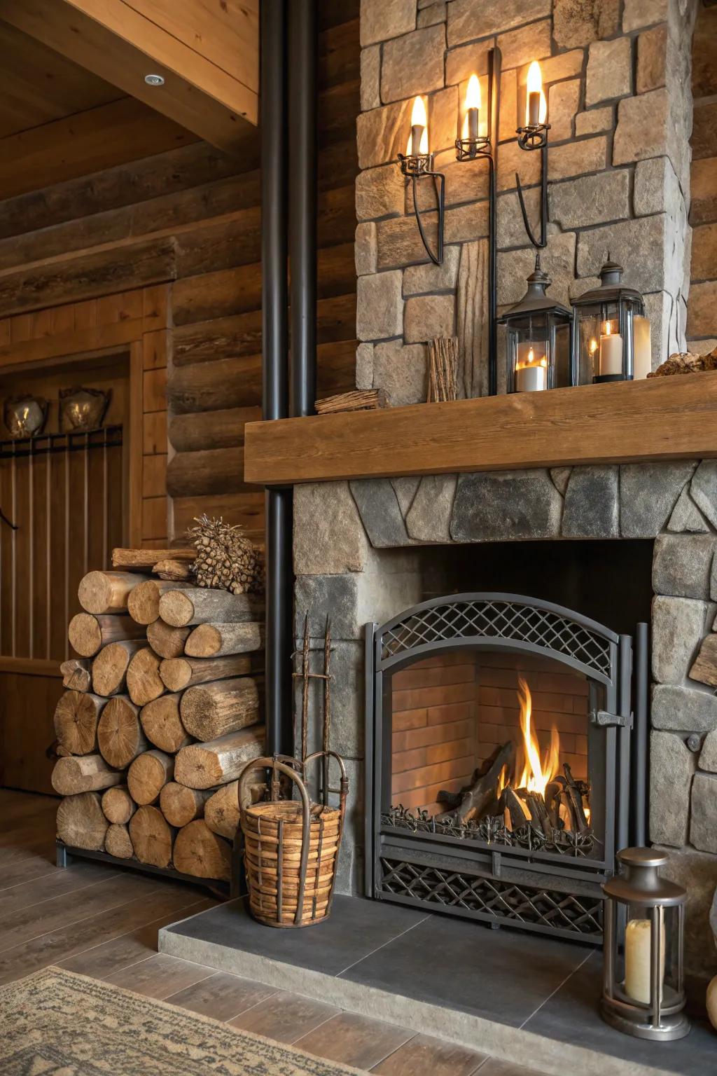 A creative blend of materials for a unique fireplace design.