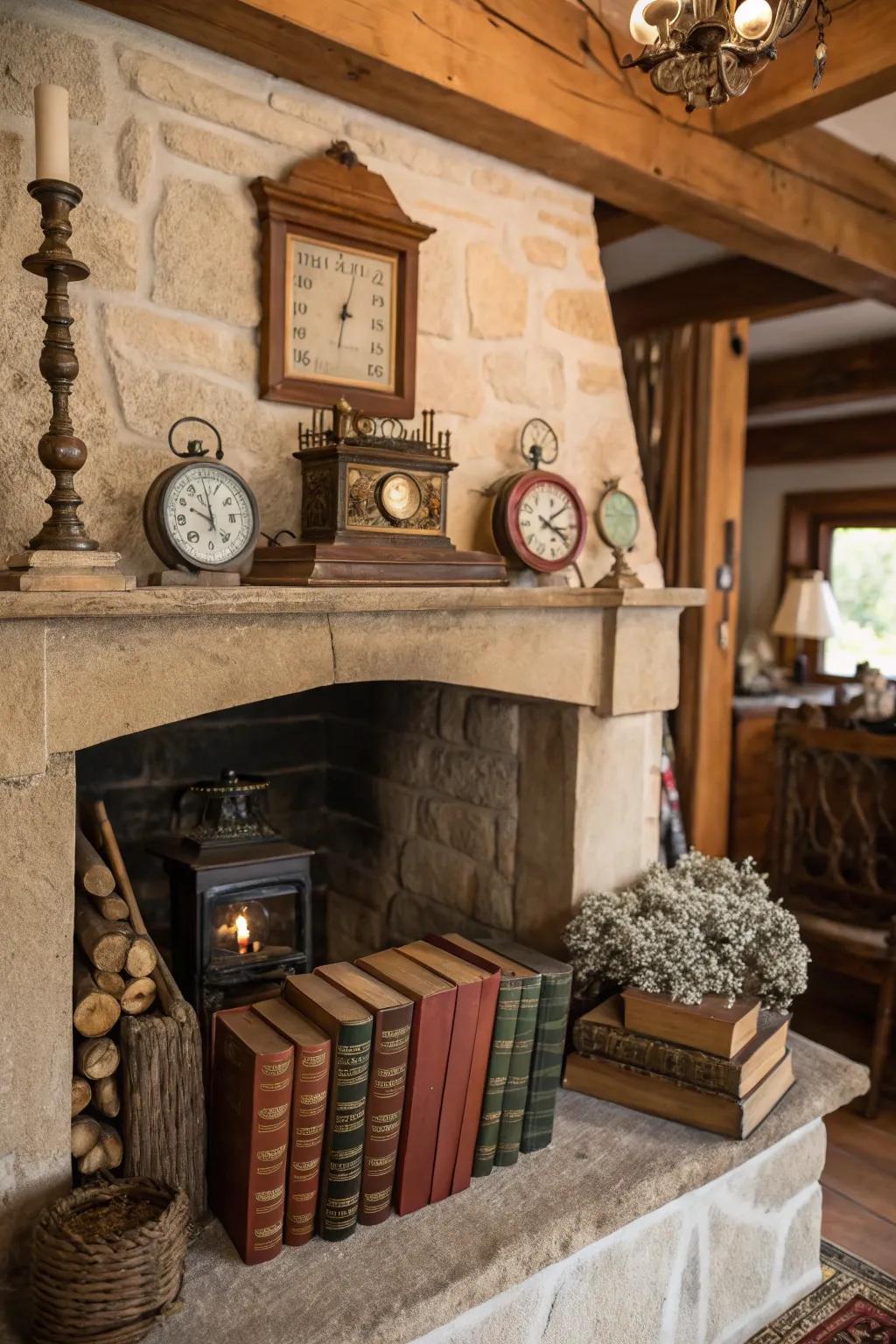 Vintage finds add character and charm to this fireplace decor.