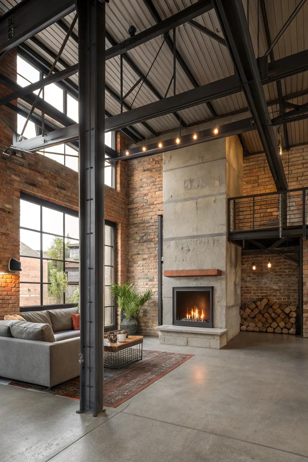 Industrial materials create a chic, modern fireplace frame.