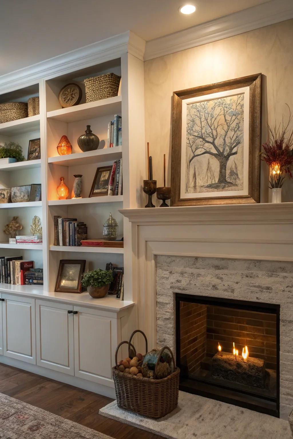 Curate an artistic display with your built-in shelves for a personal touch.