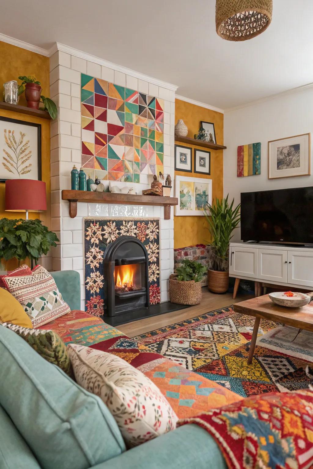 Step into a lively living room where the fireplace is all about geometric tile patterns—so modern and fun!