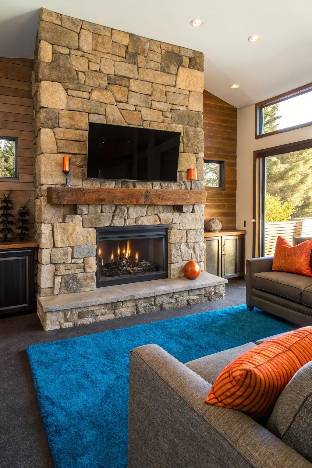 Welcome the outdoors in with an inherent stone fireplace TV wall that's both countryside and chic.