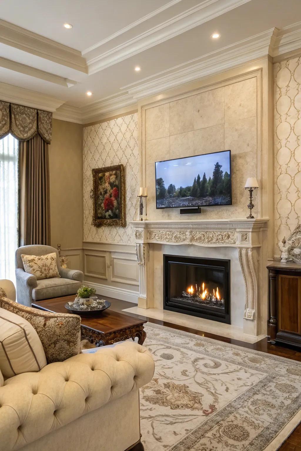 A family room using a TV that blends as artwork above the fireplace.