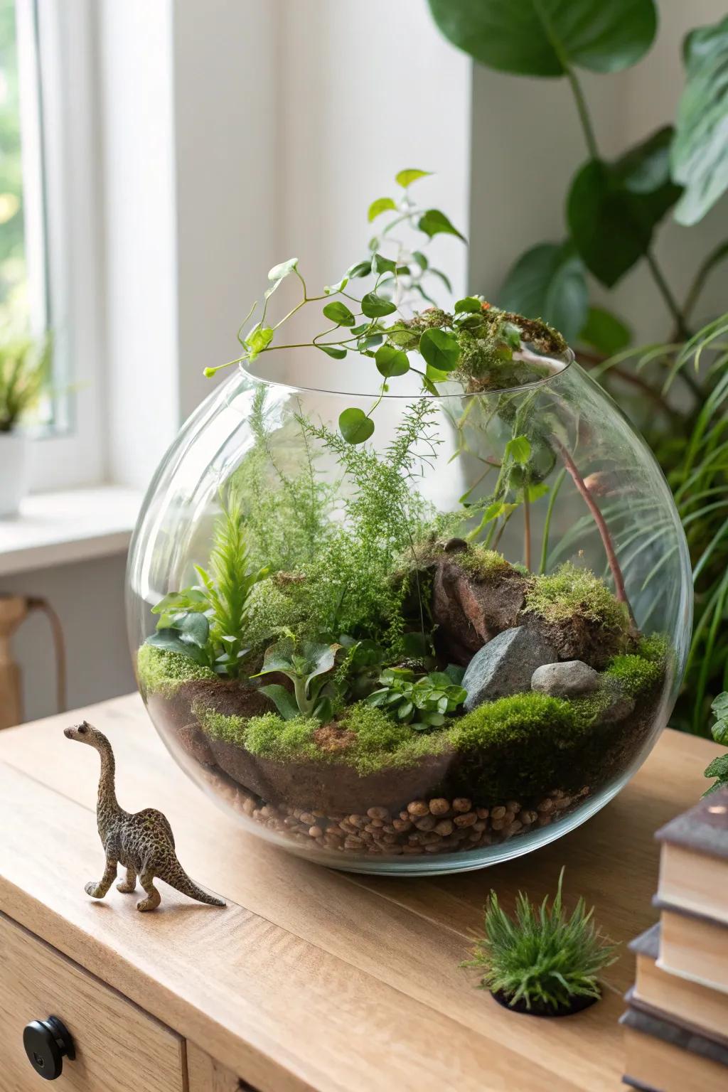 Step into your own mystical jungle with this enchanting fish bowl terrarium.