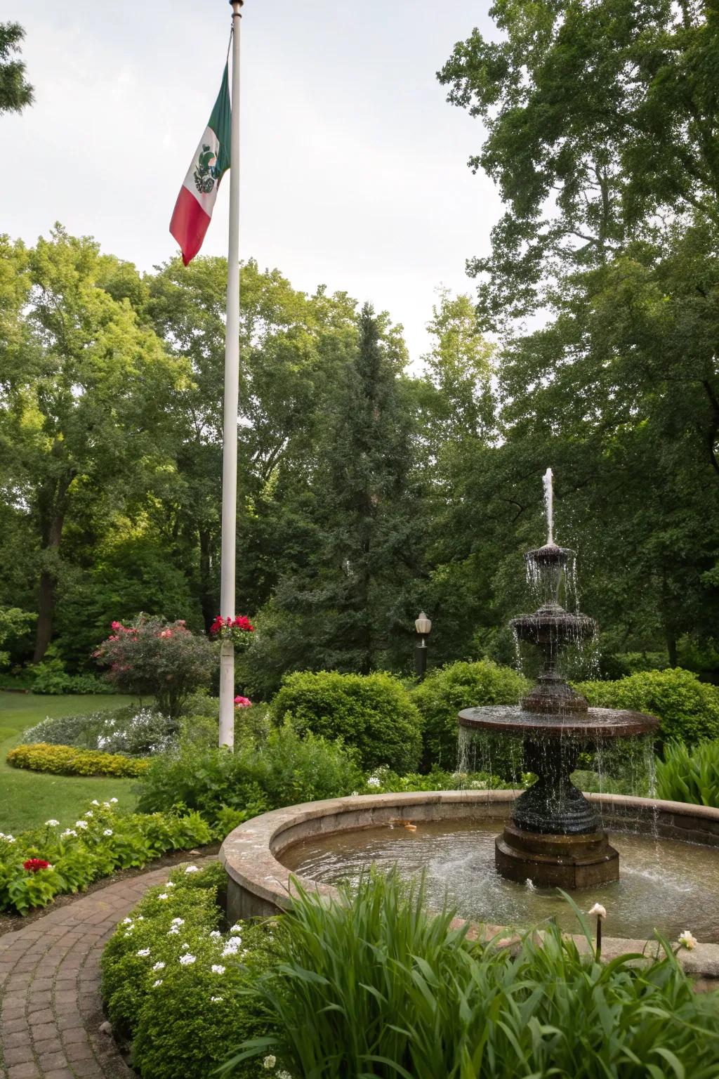 A water feature adds a serene element to a flagpole landscape.