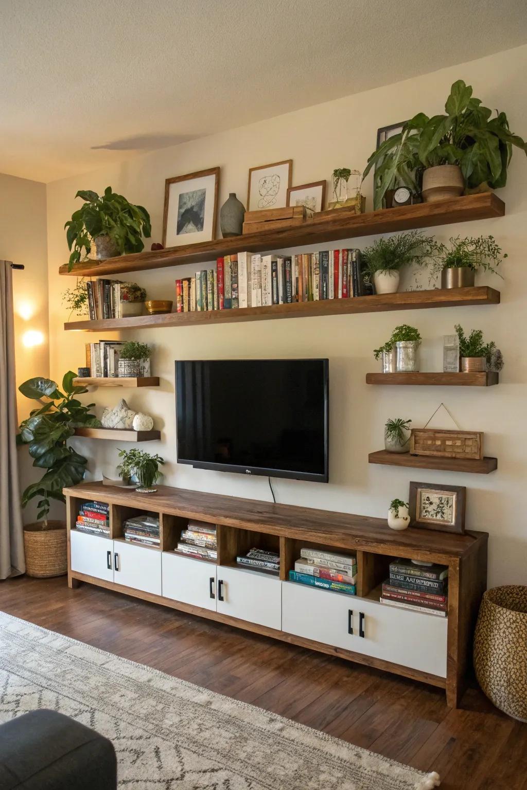 Make things interesting with ledges placed differently around your TV.