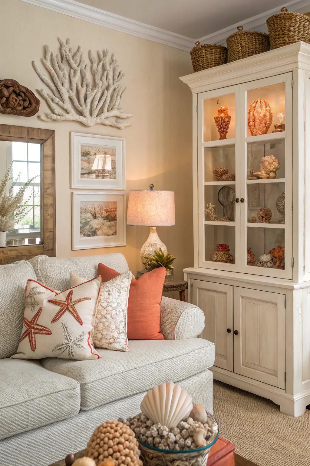 A living room decorated with coral and shells.