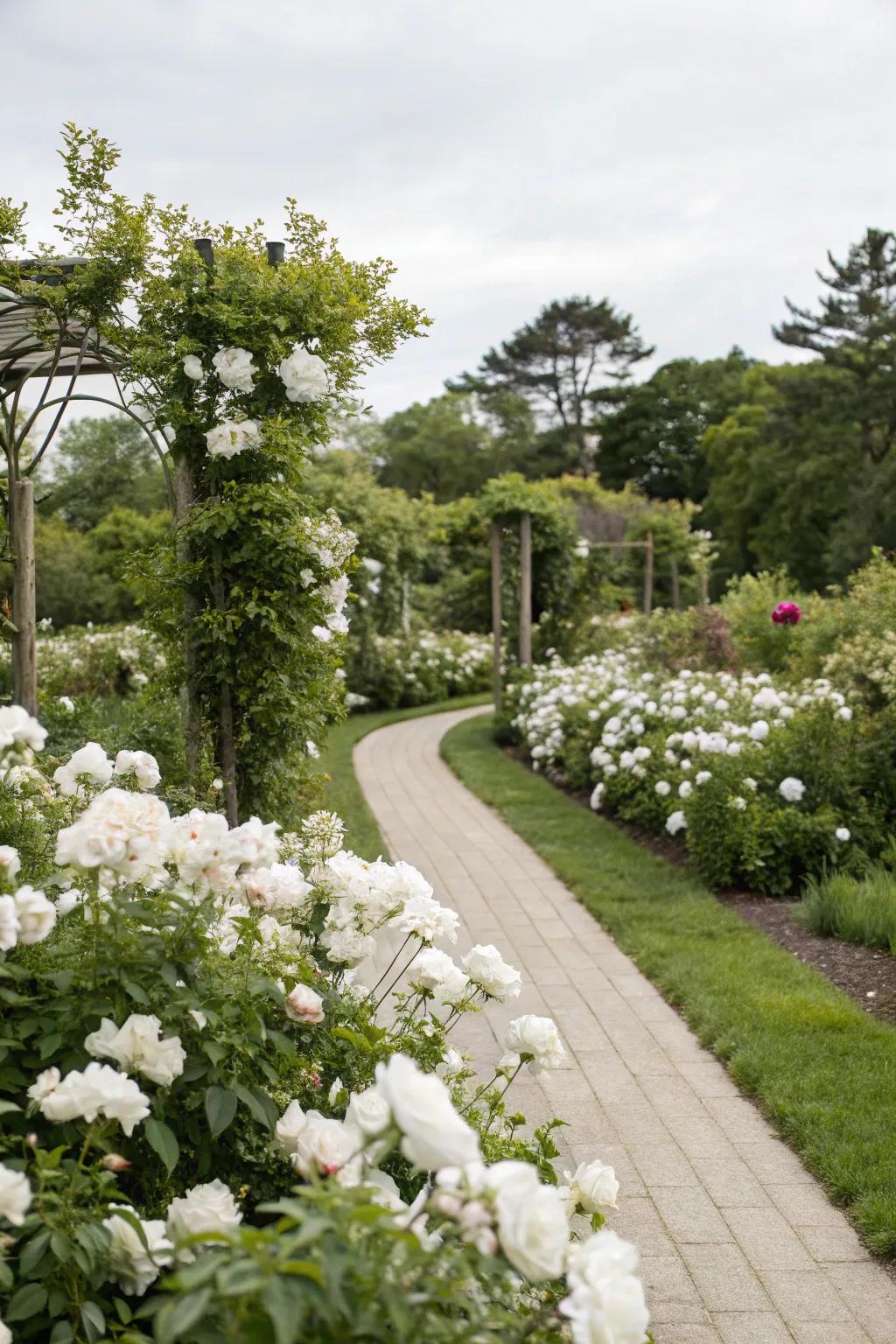 A serene flower border featuring elegant white blooms and lush green foliage.