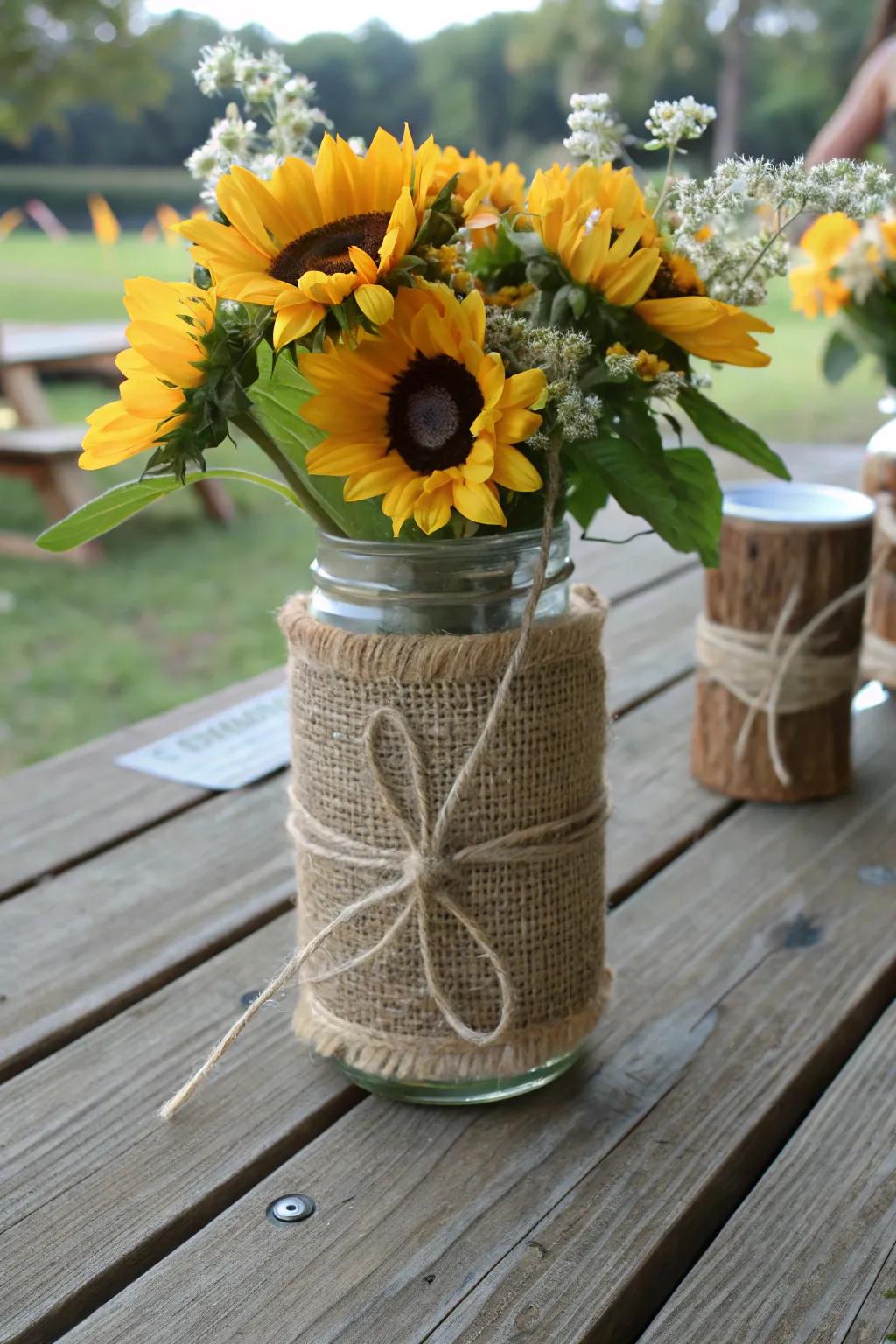 Rustic charm with burlap-wrapped mason jars for your floral displays.