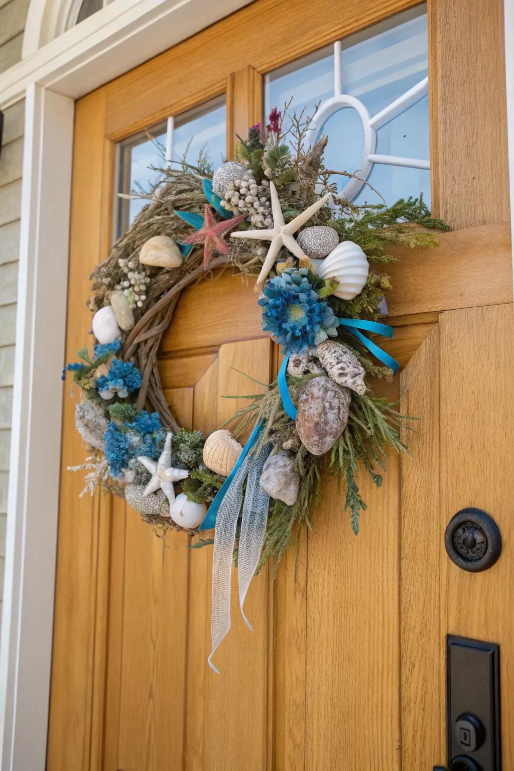 A beachy coastal wreath echoing the tranquility of seaside calm.