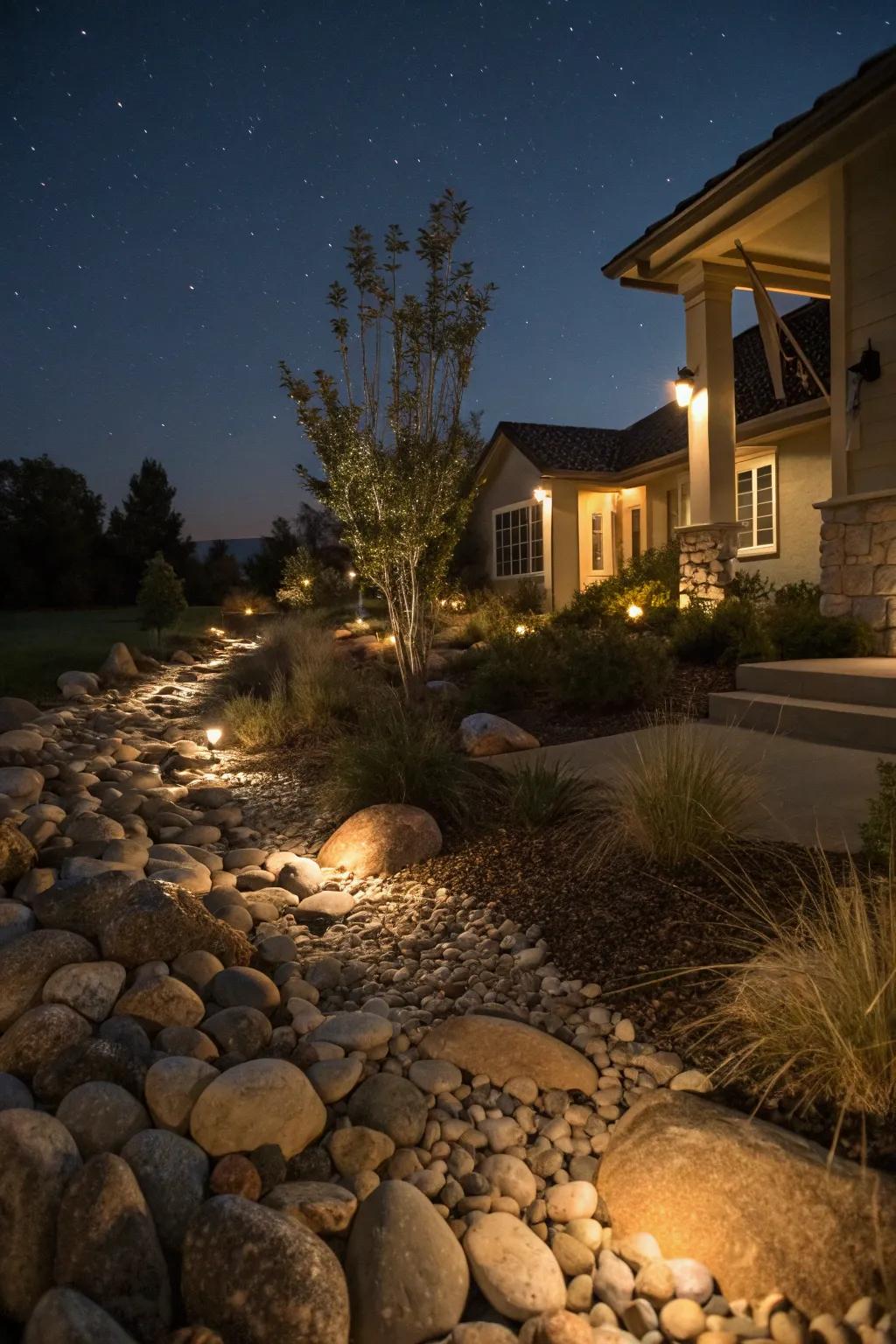 Lighting enhances the beauty of river rock landscapes after dark.