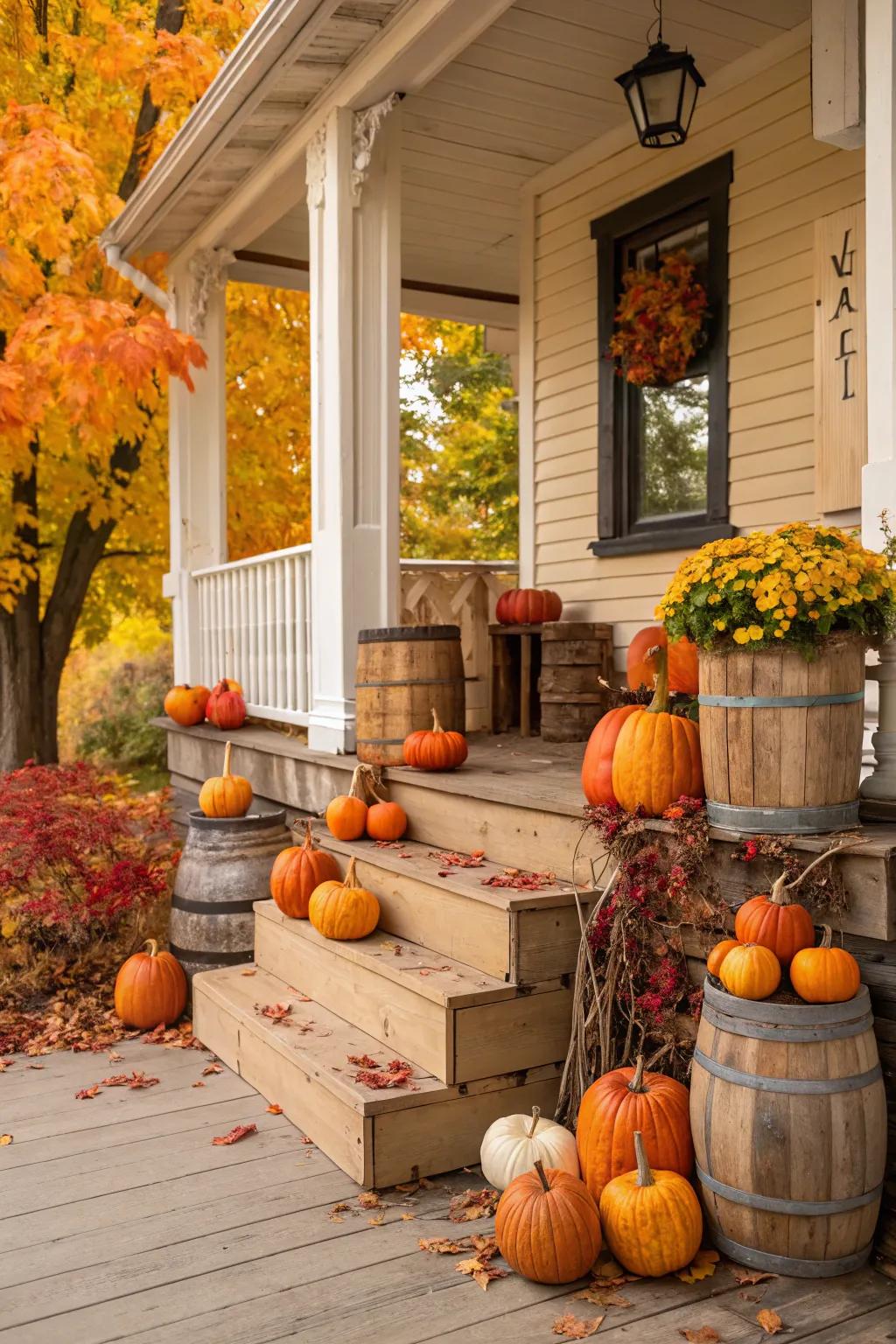 Timber accents amplify the country-style appeal of pumpkin aesthetics.