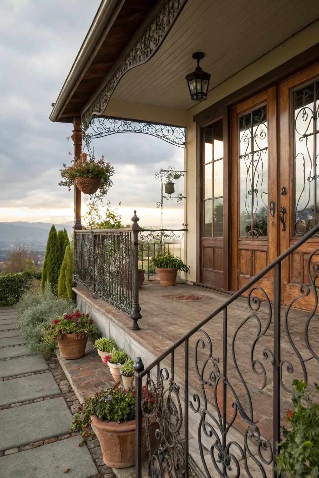 Rustic finished wrought iron railings for an old-world charm.