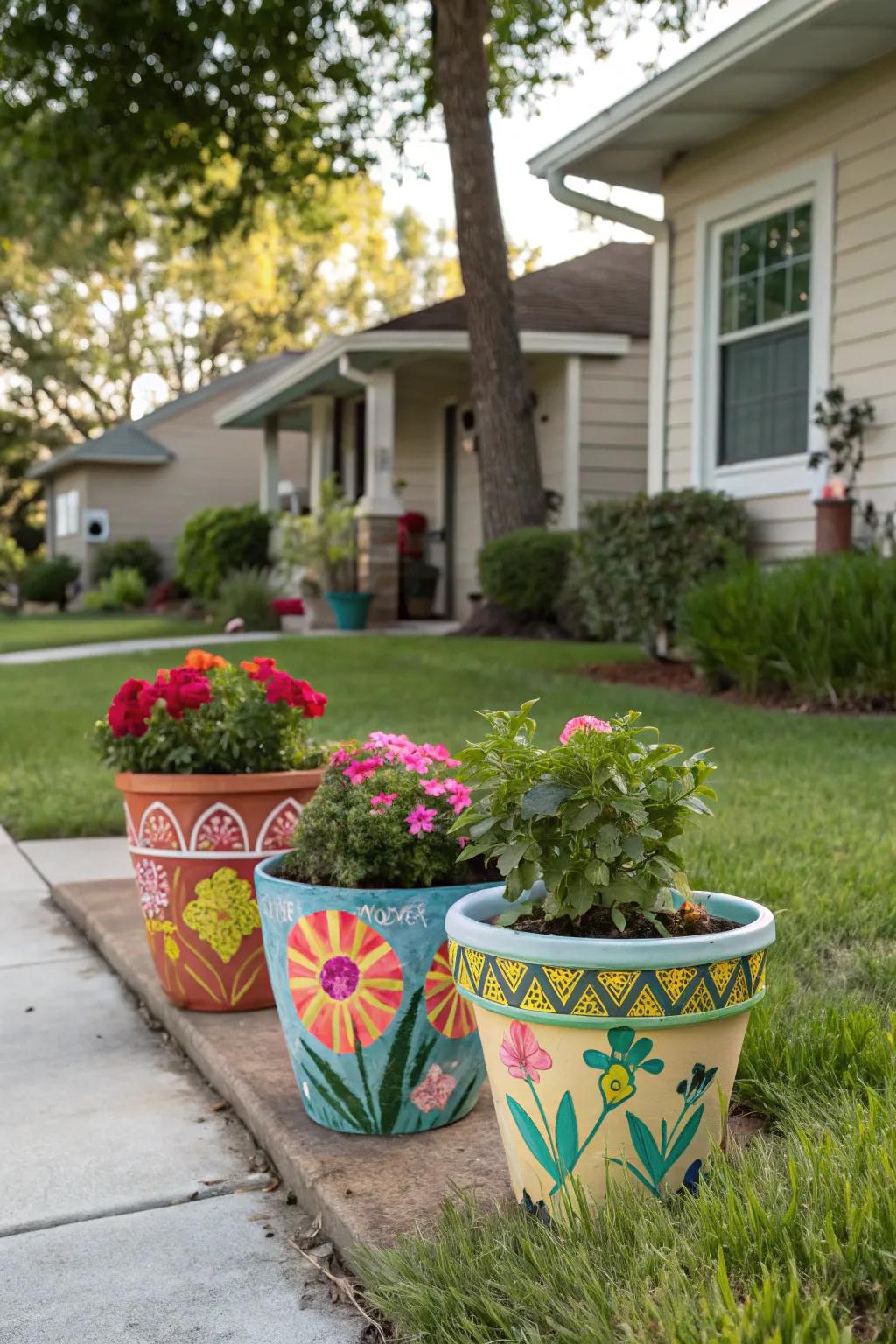 DIY hand-painted pots add a personal touch to the garden.