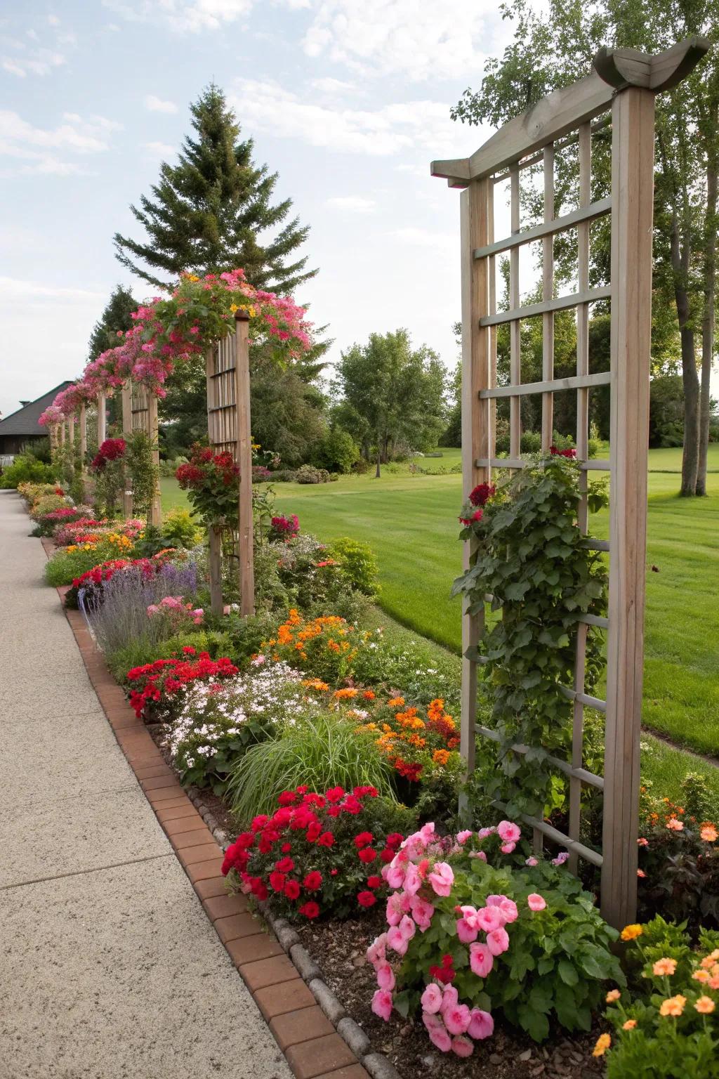Introduce upward charm with frames in your flower beds, crafting a dynamic landscape.