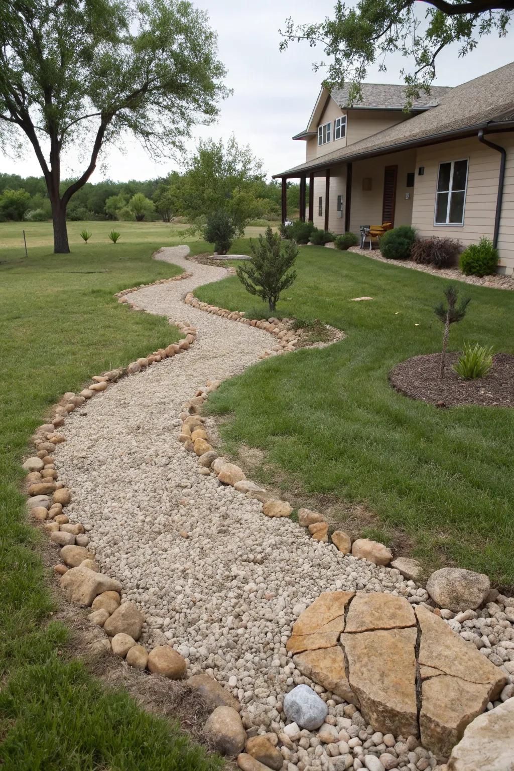 A dry river bed adds a natural, flowing element to the landscape.