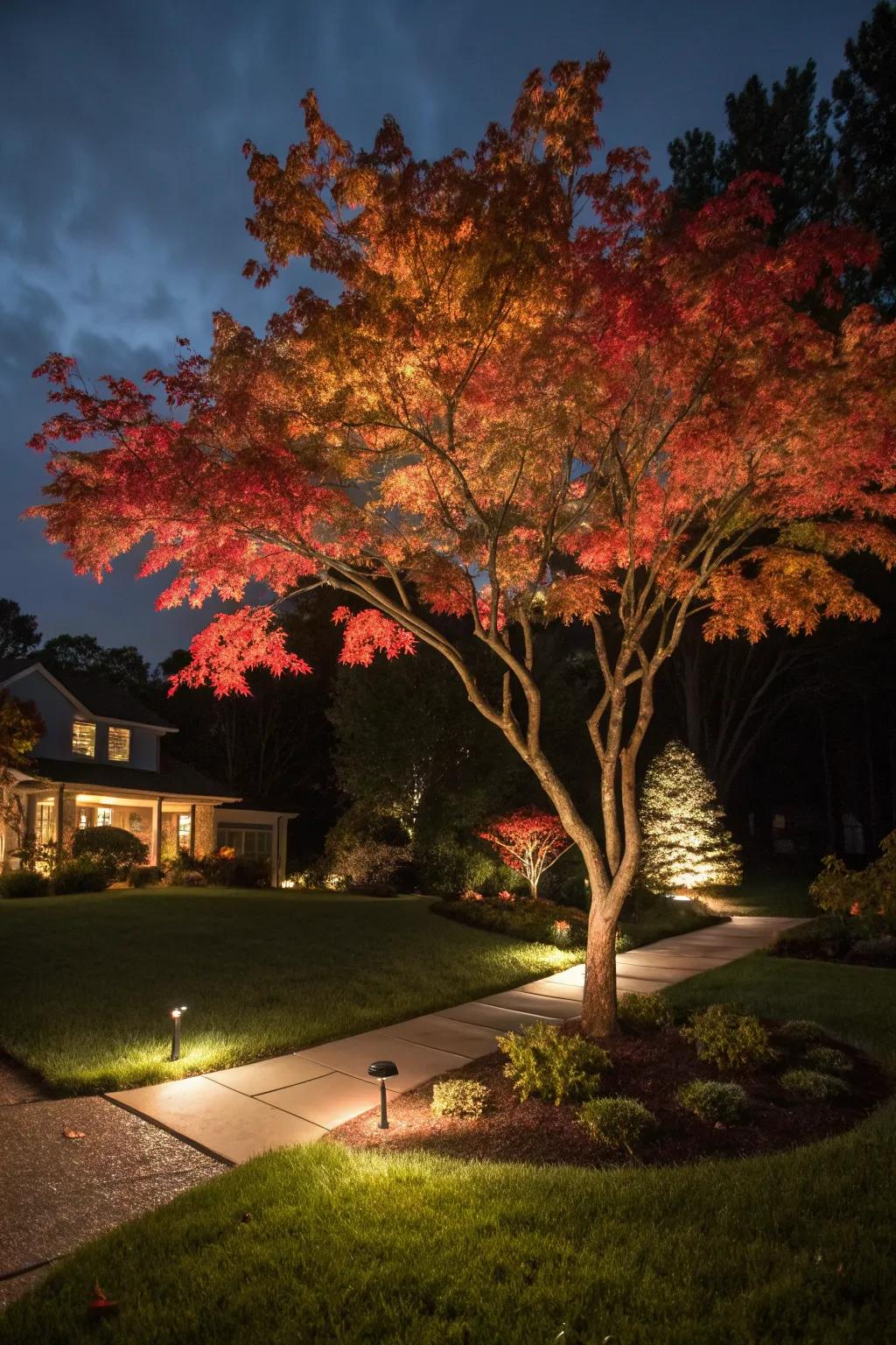 Landscape lighting highlights the elegant form of the Japanese maple under the night sky.