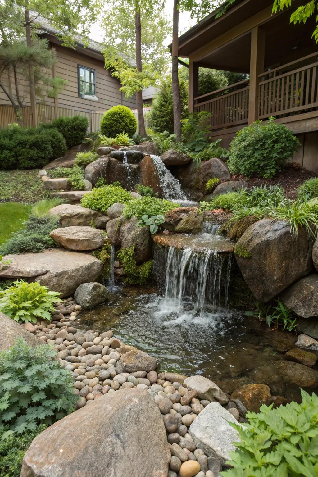 A small waterfall added to a front yard rock garden.