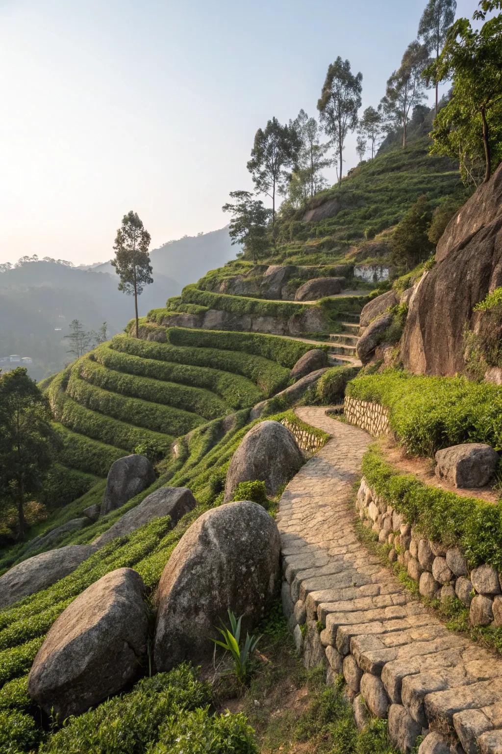 Boulders form natural terraces in a sloping yard.