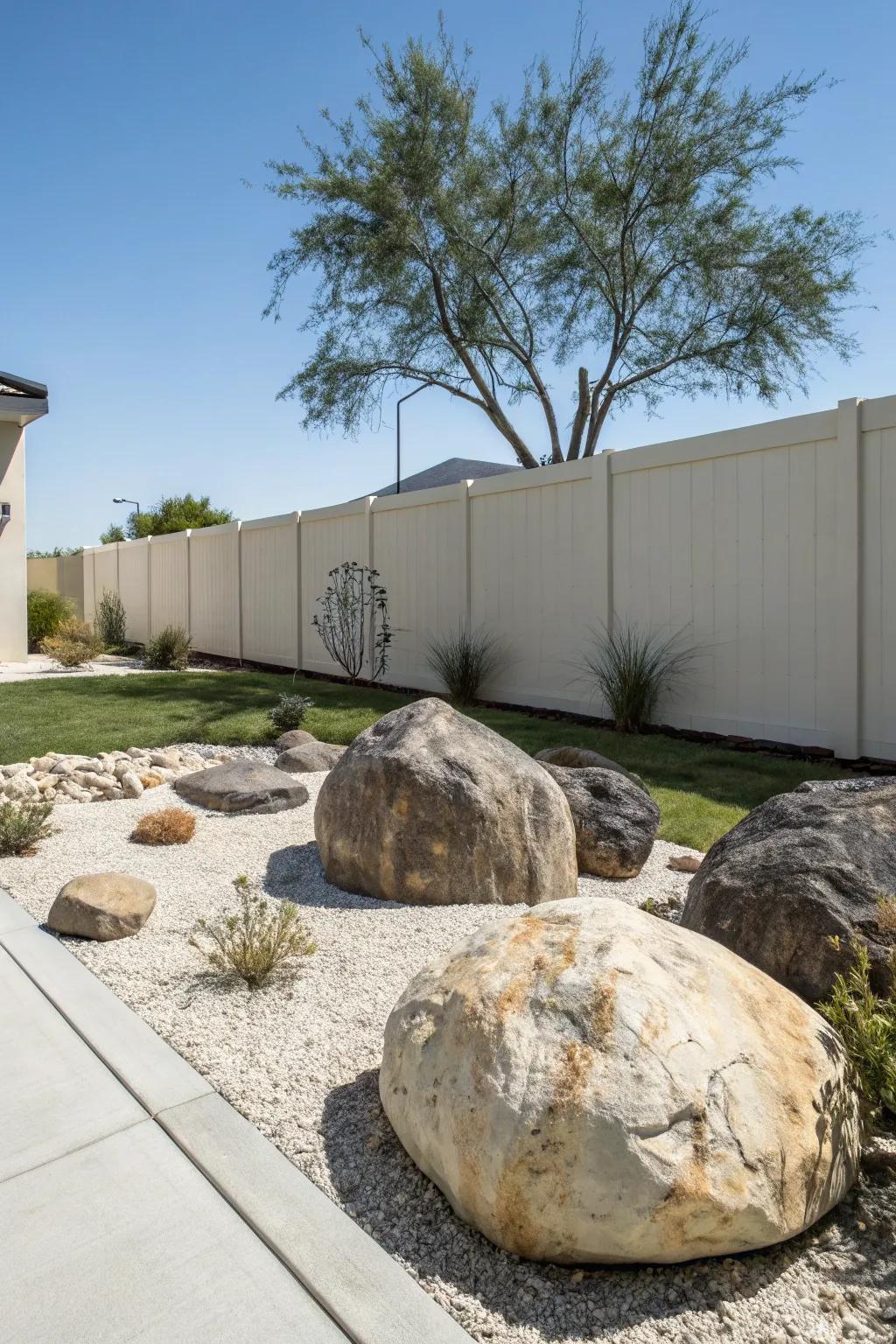 Create a minimalist landscape with strategically placed rocks.