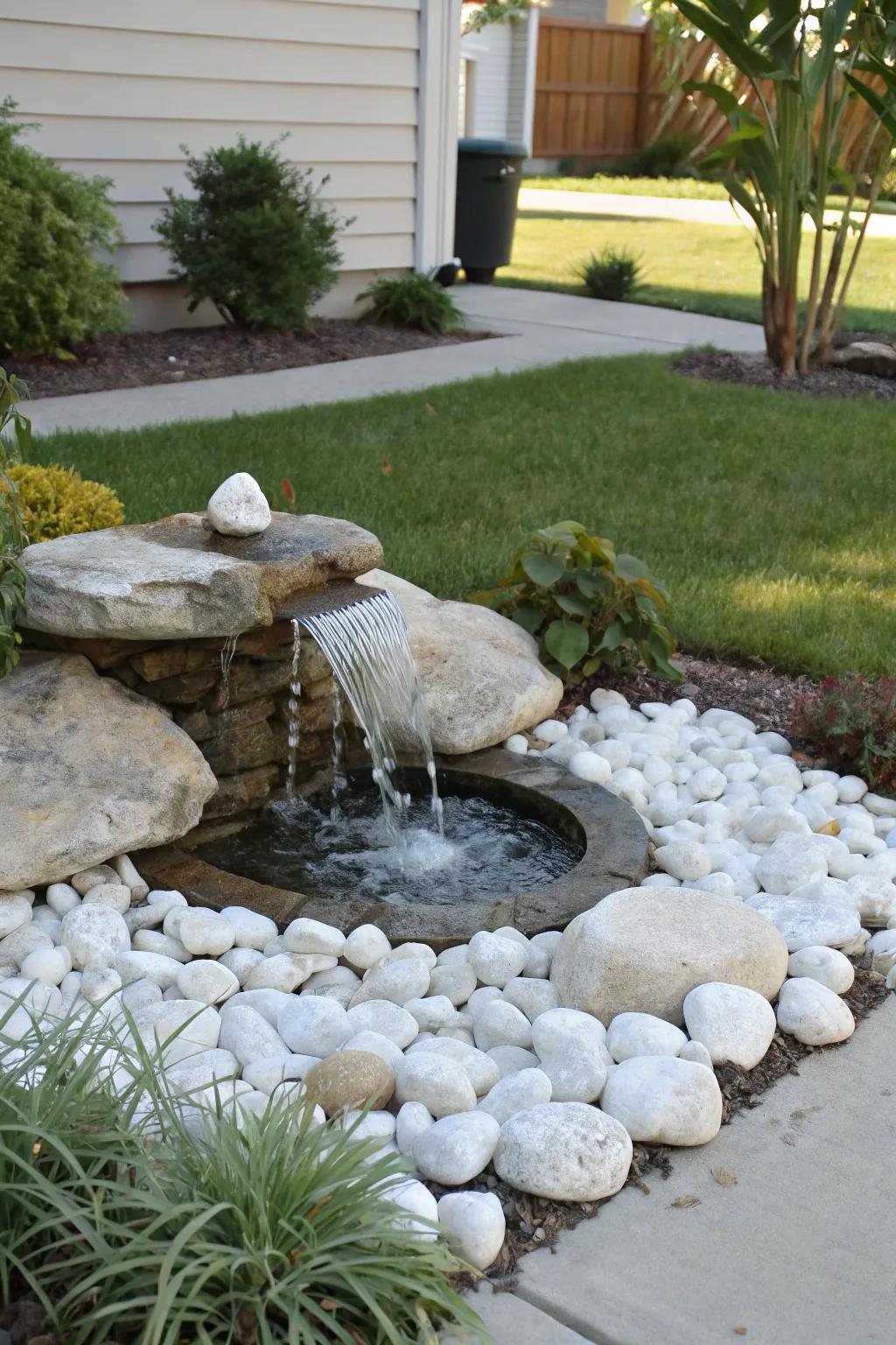 A water feature with white rocks creates a serene garden oasis.