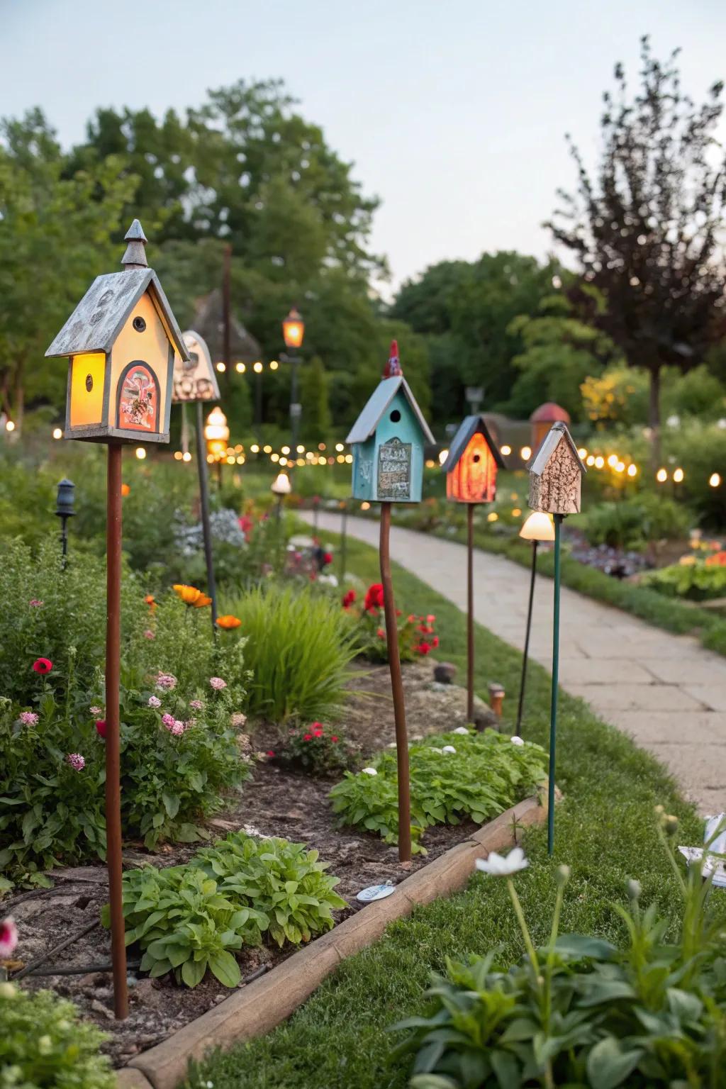 Miniature abode posts transforming the garden into a whimsical village.