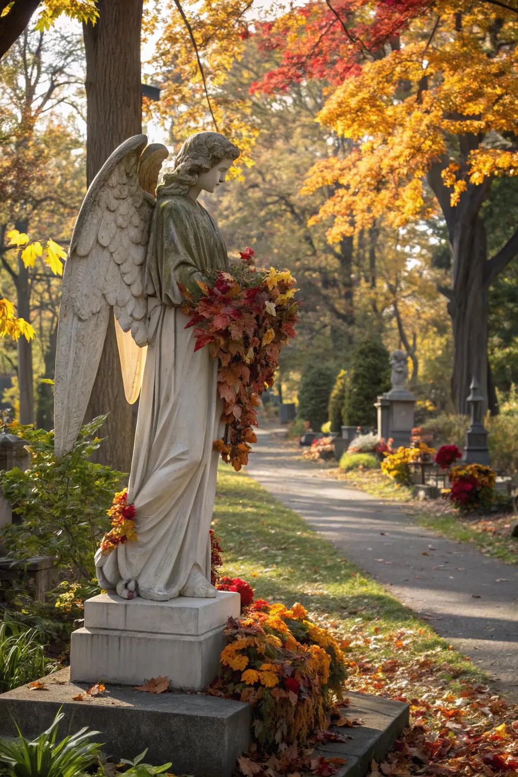 A seasonal angel is adorned with the colors of autumn.
