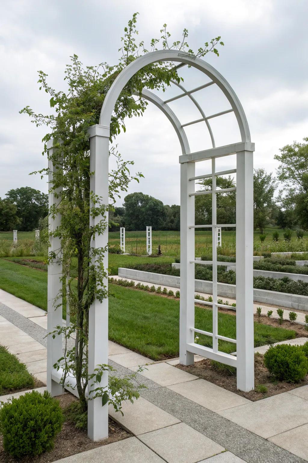 A sculptural arch trellis makes a striking garden statement.