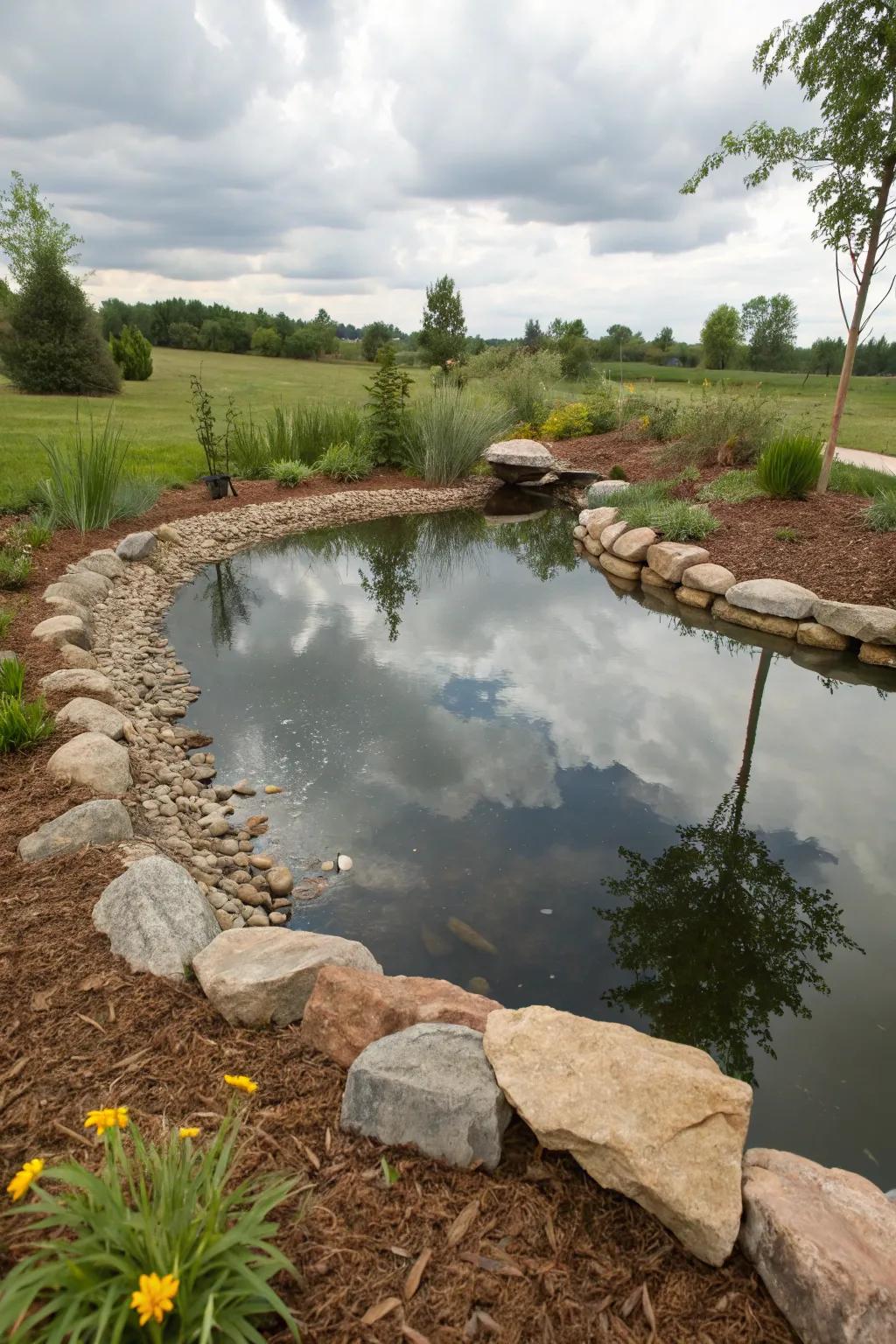 Elegant pond edging enhances water feature beauty.