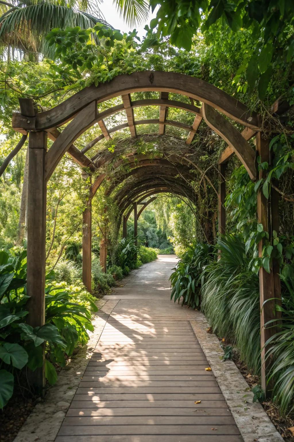 Step into a tropical oasis with this lush garden tunnel, where simplicity meets nature's splendor.