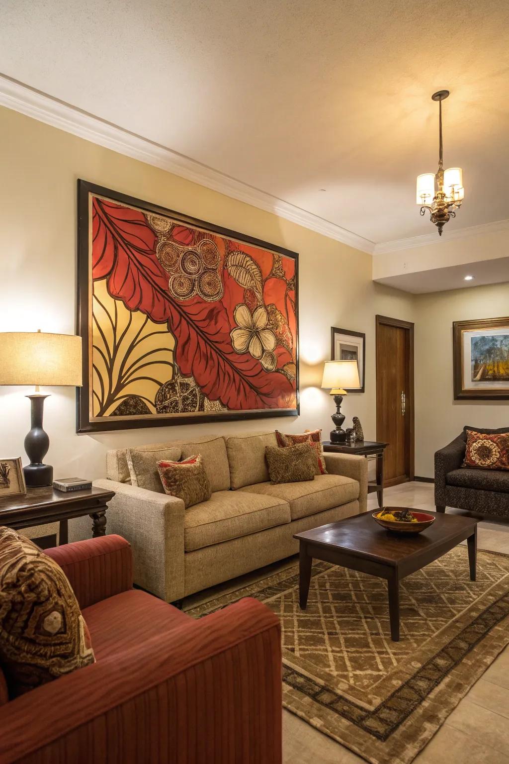 Striking artwork serves as a captivating focal point within a glamorous living area.