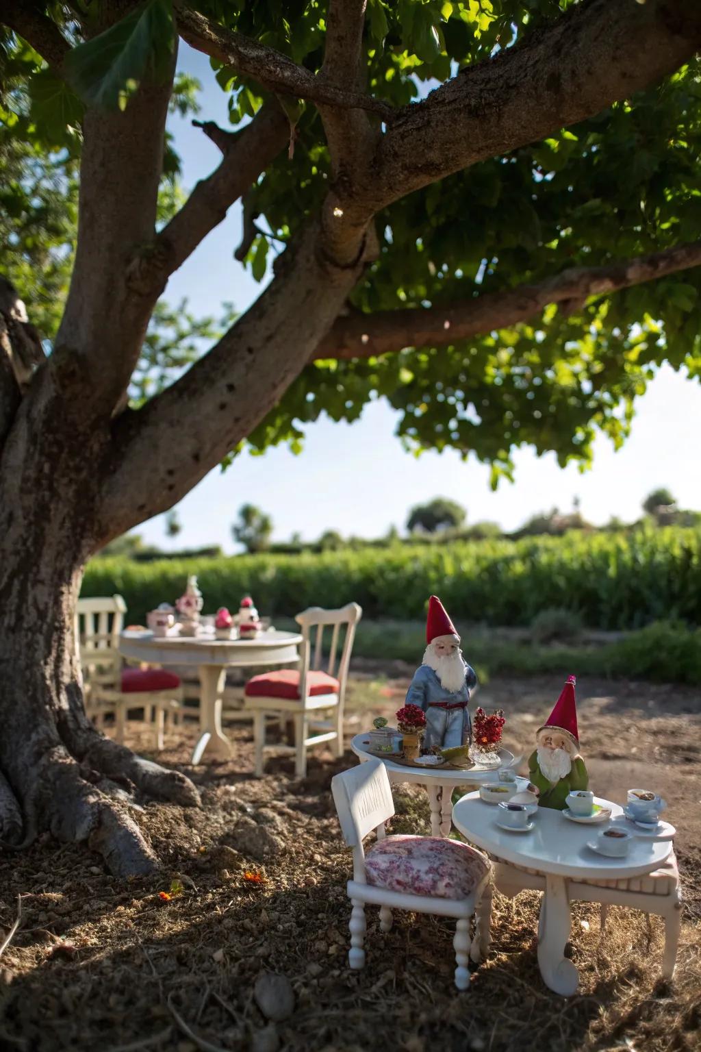 A charming gnome social gathering beneath the oak.
