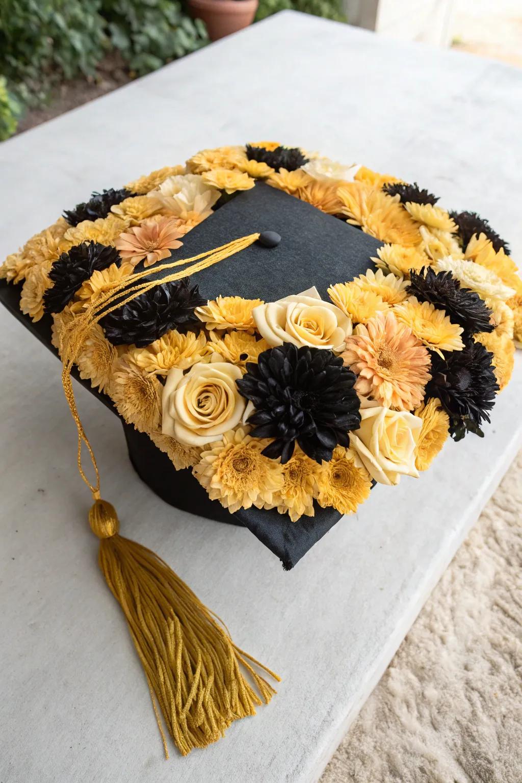 A creative graduation headwear bloom arrangement.