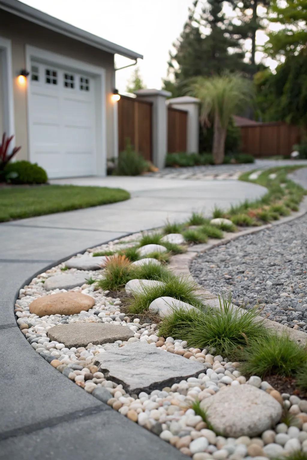 A tranquil Zen garden atmosphere achieved with pebbles and grass.
