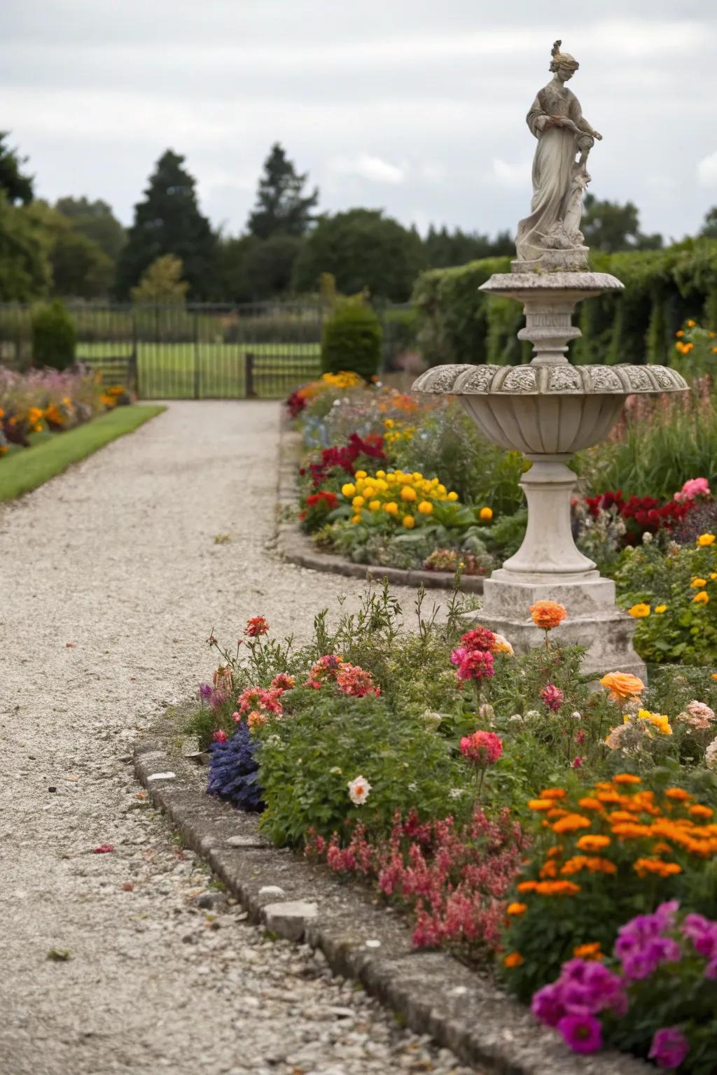 A decorative statue adds character to a gravel flower bed